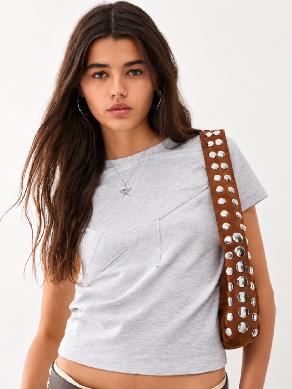 Collusion Raw Seam Applique Star Baby Tee Heather Gray- Medium
